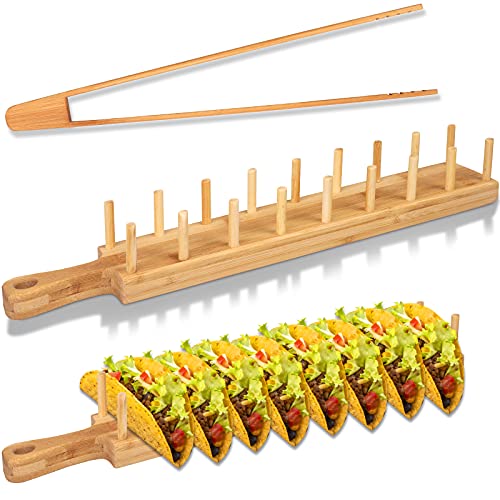 Bamboo Taco Holder Stand Plate Tray with Rack Holds 8 Soft or Hard Shell Tacos - Great also for Burritos and Tortillas Holder - Taco Holders Stands Taco Stand Taco Plate Plates Gift Bar Wood 1x8 Taco