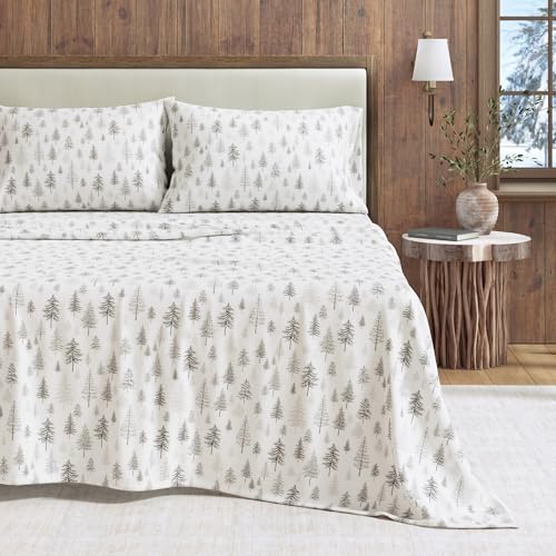 Image of Great Bay Home Flannel Sheet Set King Size - 100% Turkish Cotton, Double-Brushed, Lodge-Printed Bed Sheets - Ultra-Soft, Cozy, 4-Piece Bedding Set (Truckee - Grey)