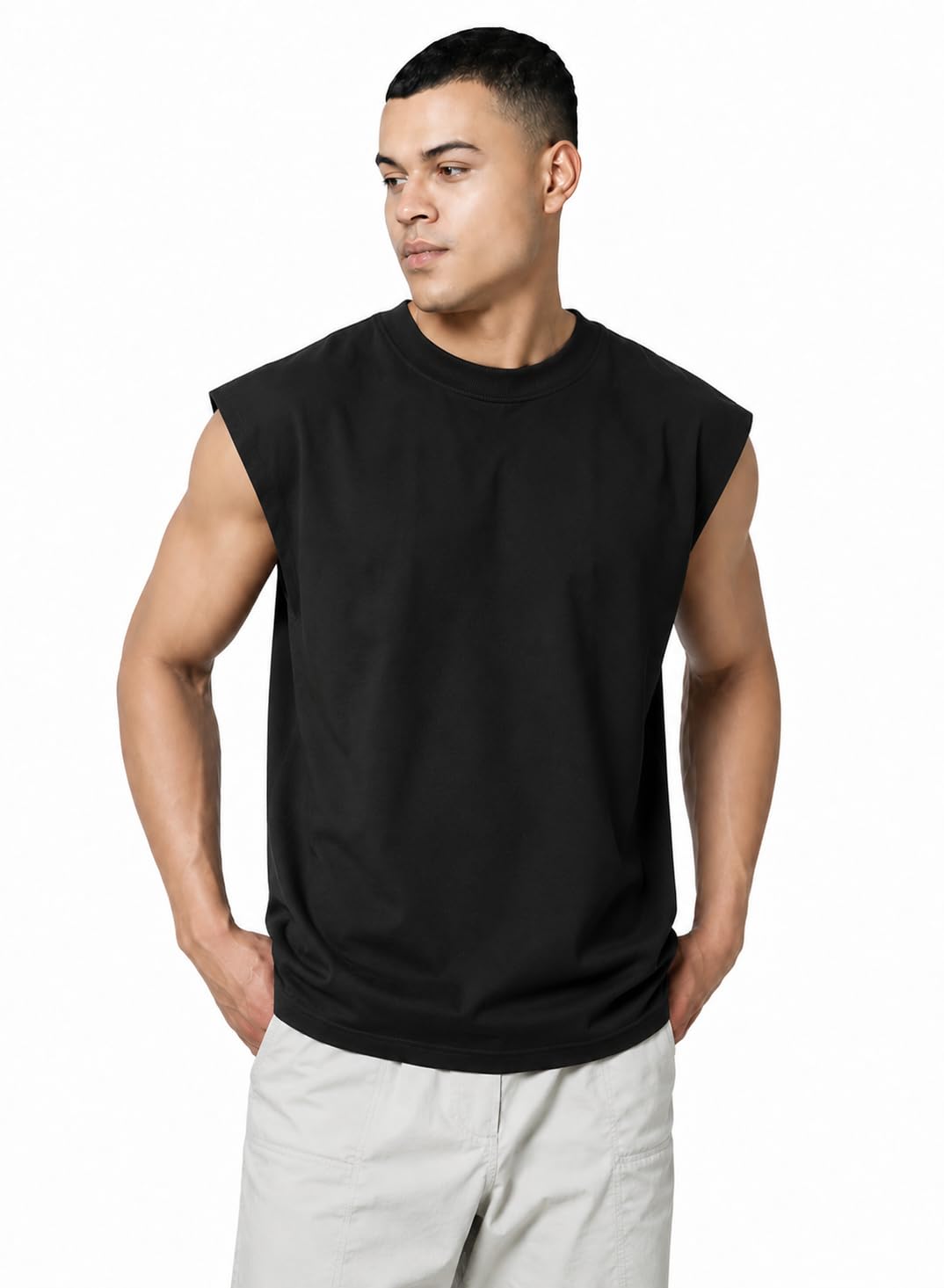 Men's Oversized Sleeveless T-Shirt | 240 GSM French Terry Cotton Tank Top | Round Neck Premium Vest for Men | Gym Vest | Streetwear Muscle Tee | Solid Casual Sleeveless T-Shirt Black-picture-11