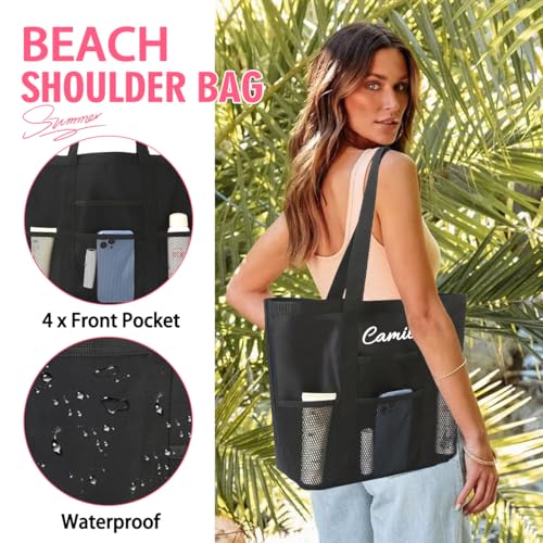 Custom Beach Bag with Embroidered Name,Personalized Mesh Tote Bag Pool Vacation Sandproof Foldable for Girls Women4