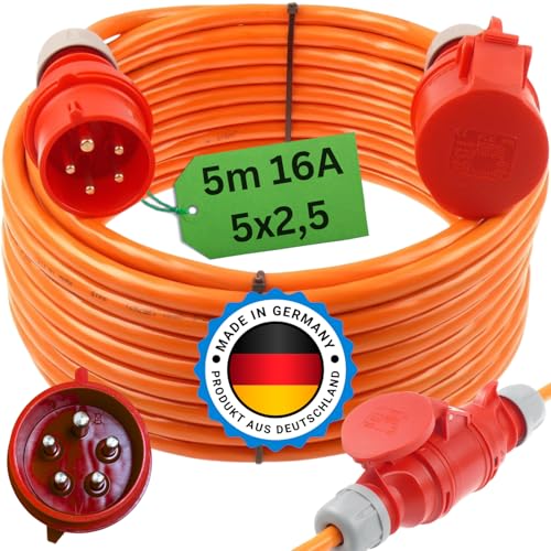 Starkstromkabel 16A H07BQ-F 5x2,5 Orange Starkstrom Verlängerungskabel CEE Verlängerung 16 Ampere Kabel 5x2,5mm2 Baustelle Werkstatt Industrie Geeignet Outdoor IP44 (5m)