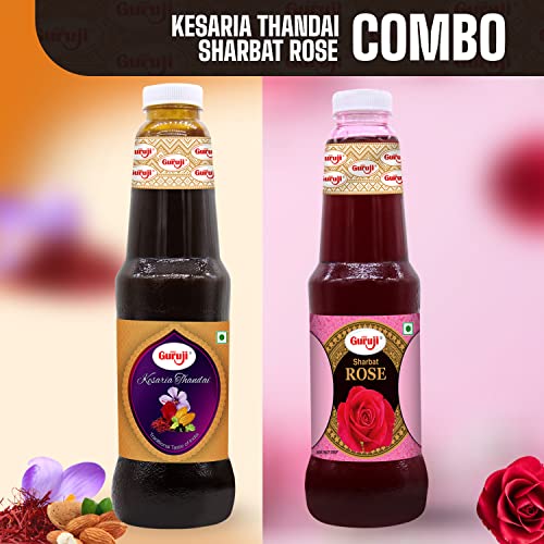 Image of SHREE Guruji Kesaria Thandai & Rose Sharbat Combo Pack Milk Beverage Refreshing Drink For Summer Dry Fruit Syrup Instant Refreshing Drink (1 Litre), Liquid