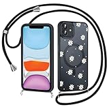 Coiwxmoi Magnetische Handykette Handyhülle für iPhone 12/iPhone 12 Pro Hülle mit Band, Kompatibel mit MagSafe,Aesthetic Blumen Muster Transluzente Case mit Kordel,Dünn TPU Stoßfest Cover, Schwarz