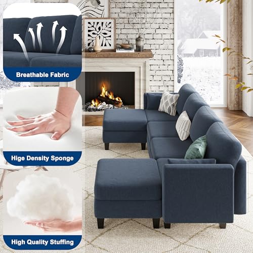 Modular Sectional Sofa, 6 Seat Comfy Modular Sofa Couch with High Density Memory Foam, Convertible U Shaped Sofa Couch for Living Room, Modern U Shaped Sectional Sofa Blue