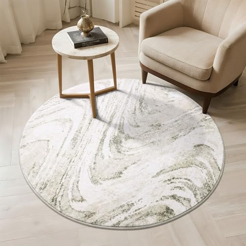 Image of Carvapet 3ft Round Rug Beige Modern Abstract Washable Low Pile Carpet