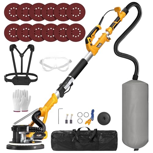 GEVEELIFE Drywall Sander, 880W 7.33A Electric Drywall Sander with Vacuum Dust Collector, 5 Variable Speed 1000-2100RPM, LED Light, Foldable & Extendable Handle, 12 Sanding Discs