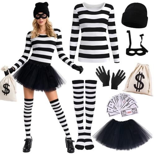 YAEGIMHT Disfraz de ladrón de banco para mujer, disfraz de depredador con parte superior a rayas, gorro de punto, bolso de mano, falda, calcetines hasta la rodilla, guantes, máscara de billetes
