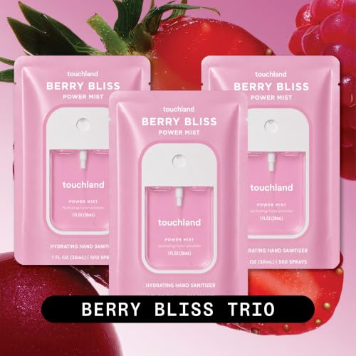 Image of Touchland Berry Bliss Hydrating Hand Sanitizer Spray, 3 Pack Travel Size | TSA ready Power Mist with skincare benefits. Lush and joyful scent, capturing the brightness of a berry-kissed meadow.