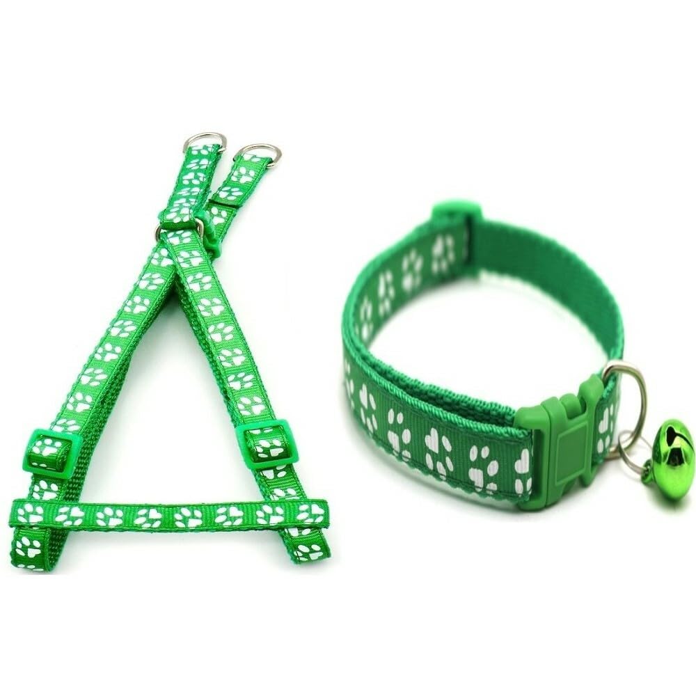 Small Dog Puppy Pet Collar and Harness Set Pawprint Design Nylon Adjustable Neck Size 19-32cm and Chest Size 21-34cm Green - Image 2