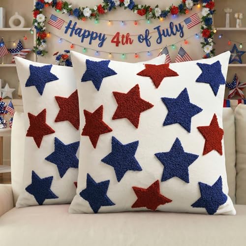 AVOIN colorlife 4th of July Patriotic Red Blue Stars Embroidered Throw Pillow Covers, 18 x 18 Inch Independence Day Decor Tufted Patterned Linen Cushion Case for Sofa Couch Set of 2
