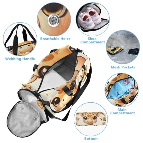 Travel Duffle Bag for Kids Boys Girls Cute Giraffe Face Pattern Sports Bag Overnighter Duffle Sleepover Weekender with Shoes Compartment3