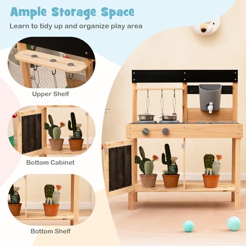 Image of HONEY JOY Fir Wood Outdoor Play Kitchen for Toddlers, Realistic Faucet & Water Tank, Stoves, Sink, Storage Shelf, Outside Kitchen Playset, Mud Kitchen for Kids Outdoor Backyard