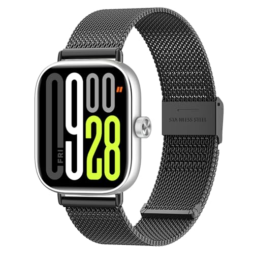 MoKo Metall Armband Kompatibel mit Redmi Watch 6/5/4/Xiaomi Smart Band 9 Pro/8 Pro Ersatzarmband aus Edelstahlgeflecht mit verstellbarem Verschluss für Damen Herren Schwarz