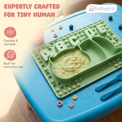 Image of BabyPro Pop-It Silicone Plate & Bowl, Suction Base, Sage Green, Food Grade | Baby Feeding Plate, BPA-Free, 3 Sections, Microwave & Dishwasher Safe