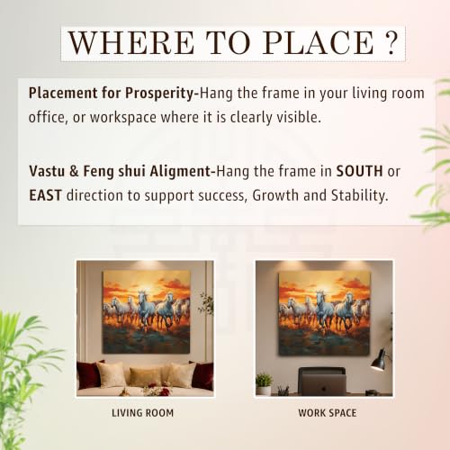 Image of PAINTINGMANTRA 7 Running Horses Vastu Stretched Canvas Painting For Living Room Seven White Horses Wall Art Painting Symbol of Success, Growth & Positive Energy Wall Art for Home & Office, 22x22 Inch