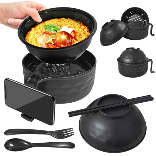 YEINLAN Ramen Bowl Set，Microwave Ramen Cooker Instant Noodles Bowl With Chopsticks Spoon Phone Holder,Rapid Ramen Noodles for College Dorm Room Essentials Dishwasher-Safe, Black