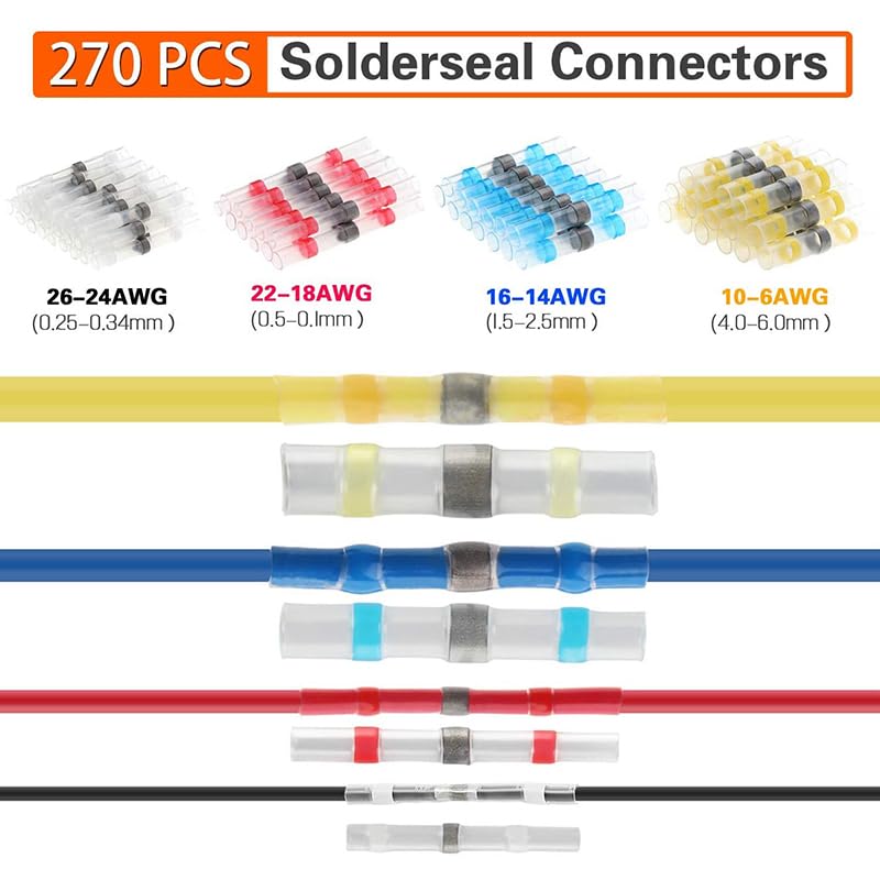 270pcs Waterproof Heat Shrink Butt Crimp Terminals Solder Seal Electrical Wire Cable Splice Terminal Kit for Automotive Marine