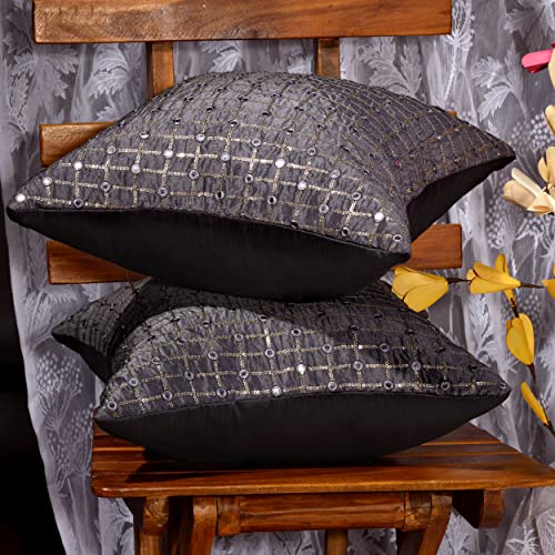 Image of Embroidered Cushion Covers 16x16 inches Set of 2 | Grey Sofa Cushion Covers 16 inch 1Decorative Pillows with Mirror and Sequins Embroidery | Grey Beaded Cushion Covers