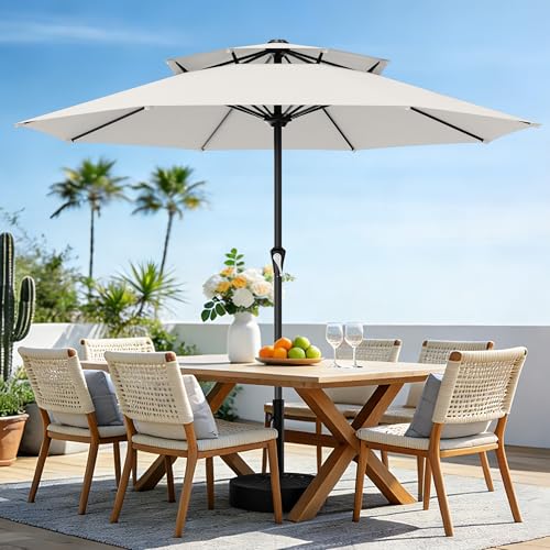 Image of AreShark 11ft 2 Tiers Patio Umbrella - Outdoor Umbrella Waterproof UV Protection, Market Table Umbrella w / 8 Sturdy Ribs&Crank for Pool, Porch, Garden(Ivory)