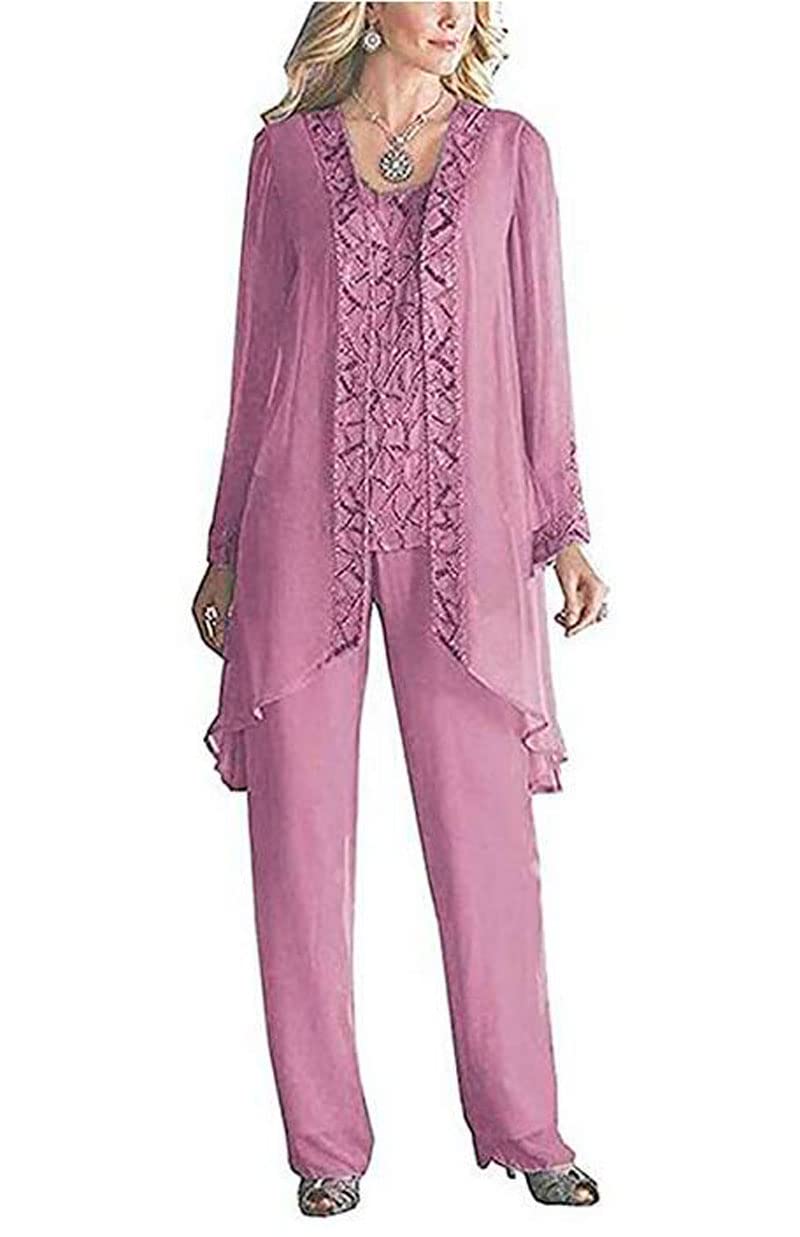 Women's 3 Pieces Chiffon Dress Mother of The Bride Pants Suits with Beaded Jacket Wedding Outfit Evening Gown Lavender UK14