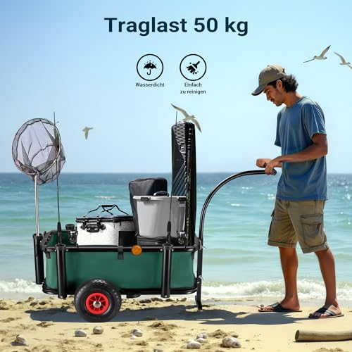Wiltec Angelwagen mit Tasche, Angel Trolley bis 50 kg, Transportkarre mit 60 l Volumen, Bollerwagen mit Luftreifen, Transportwagen aus Stahl, auch als Lastenanhänger fürs Fahrrad