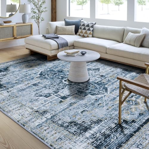 7x9 Area Rug for Living Room Non Slip Low Pile,Washable 9 x 7 Bohemian Area Rugs for Bedroom Indoor,7 Foot by 9 Foot Boho Ancient Gray Blue Mix Dining Room Carpet Modern,7'Ft x 9'Ft Office Desk Mat