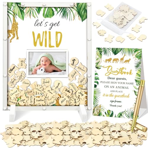 Image of Beeveer 65 Pcs Jungle Baby Shower Guest Book Alternatives Baby Shower Sign in Guest Book Decoration with 1 Photo Frame 60 Heart Wood Slices for 60 Guests Animal Sonogram Frame Keepsake for BabyShower