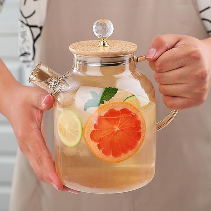 Image of 1.8L Gold Glass Pitcher with Lid - Elegant Carafe for Hot and Cold Beverages, Ideal for Dining Table and Entertaining