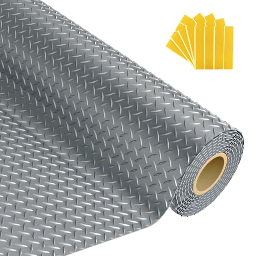 Grandroad auto 8x20 FT Garage Floor Mat, 2.8mm Thickened Flooring Roll Diamond Plate PVC Rubber Trailer Mat with 20Pcs Tapes, Non-Slip Floor Protector Mat for Garage, Warehouse, Gyms, Trailer, Gray