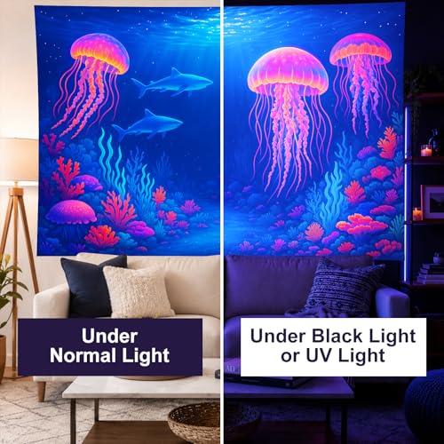 Image of BlissYard Neon Jellyfish Sharks Black Light Tapestry UV Reactive Underwater Ocean Wall Hanging for Living Room Bedroom Dorm Room Bar Party Cool Decor 78x59 Inch