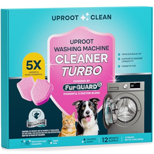 Uproot Clean Washing Machine Cleaner Tablets Turbo - 5x Stronger - 12 Pack for a 12 Month Supply - 5 Enzyme Formula Designed for Pet Owners - Fur Grime & Odors - Compatible with HE Top & Front Load