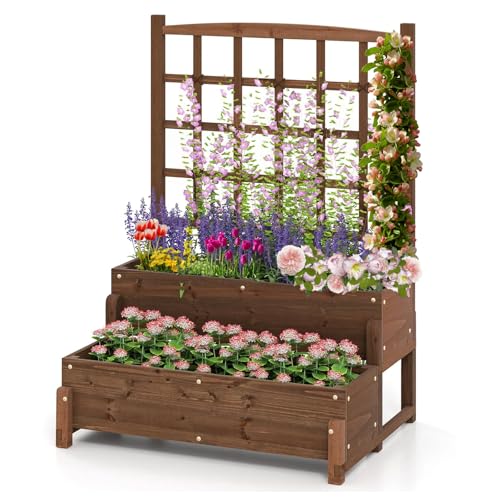 DREAMADE Fir Wood Raised Garden Bed with Trellis, 2-Tier Wooden