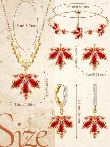 Sasylvia 4 Pcs Autumn Maple Leaf Fall Jewelry Set for Women Necklace Rhinestone Bracelet 2 Maple Leaf Earring Accessory Gift2