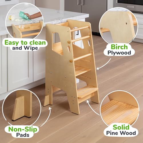 برج الأطفال قائم بذاته، مقعد مونتيسوري آمن للأطفال الصغار، برج لتعلم المهارات الجديدة، مساعد للأطفال الصغار في المطبخ - طبيعي من اوكودايل