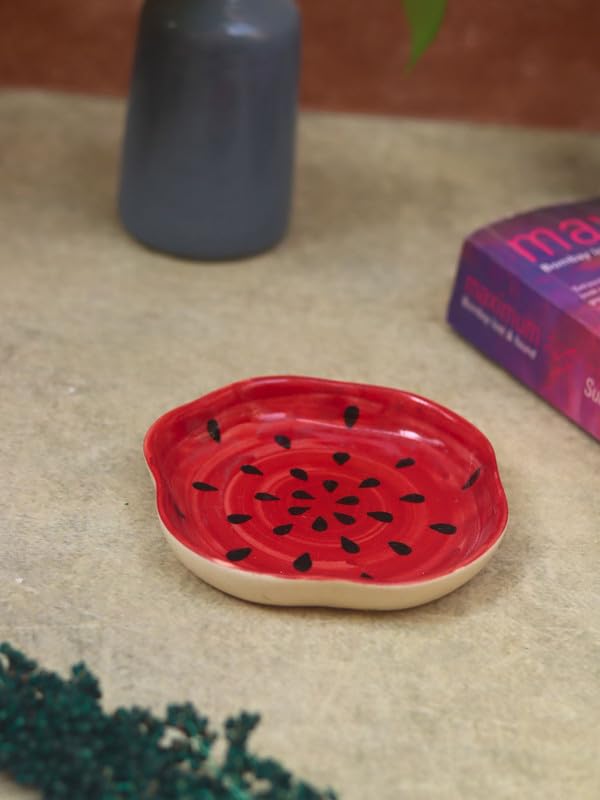 Image of WEAVING HOMES Handmade Watermelon Dessert Plate, Size: 11 cm Microwave & Dishwahsher Safe (Set of 1)