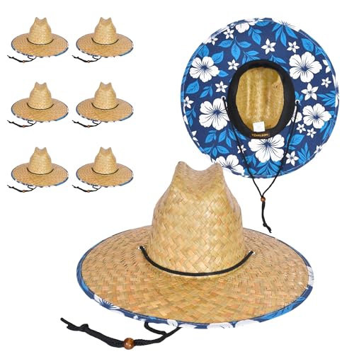 NESTANZA 6 Pack Handwoven Straw Lifeguard Hat, Natural Seagrass with Navy Floral Lining, Wide Brim...