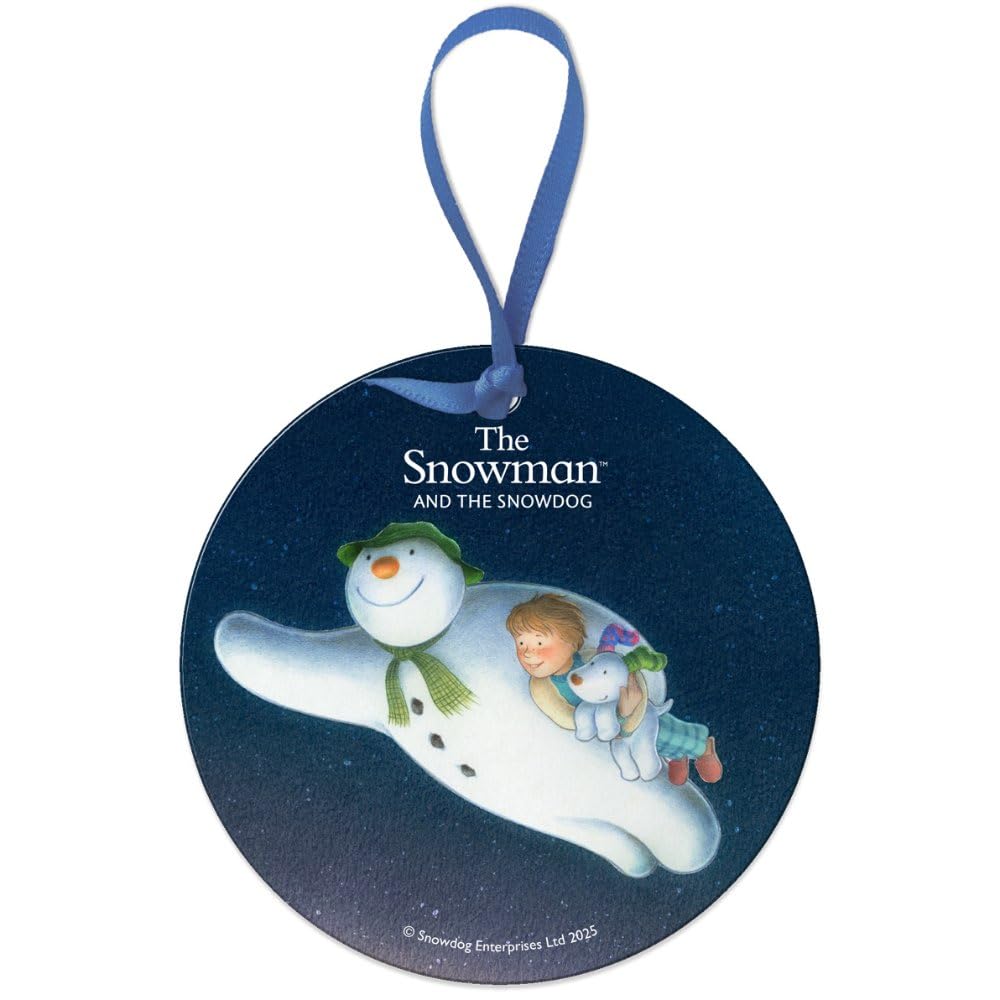 Round Metal Dangler Ornament Sign (75 mm Diameter) - The Snowman and the Snowdog (Flying at Night)