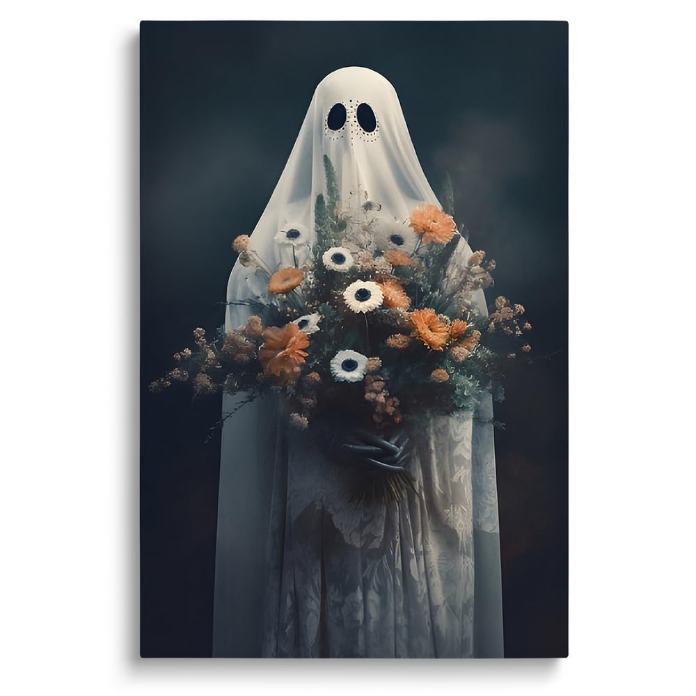 SKYSUKEY Ghost Holding Flowers Print, Ghost Portrait Painting, Ghoulish Wall Decor, Halloween Wall Decor Ghost Print, Dark Academia Decor, Gothic Painting for Home Decoration, Framed, 16"x24"