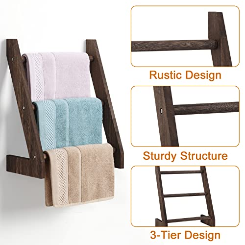 Towel Rack Wall Mounted 3 Tier Wood Hand Towel Holder Shelf Rustic Farmhouse Decorative Towel Ladder For Bathroom Home Kitchen Bedroom ( Brown ) #TOP2