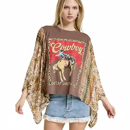 Womens Vintage Cowboy Graphic Top with Floral Patchwork Sleeves Western Oversized Tee K2458-9285 (US Alpha Large Regular Regular Brown)