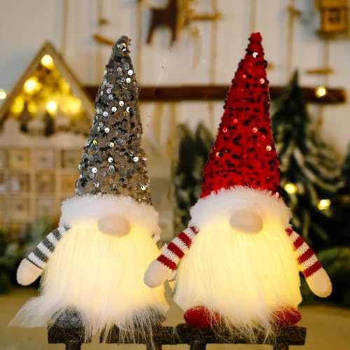Image of Christmas Light Up Gnome Decoration, Christmas Gonks With Light, Light Up Gnome Decoration, Handmade Swedish Santa Gnomes, with Glitter Hat, Xmas Craft Gonk Elf, for Holiday Indoor Decor (Red+Gray)