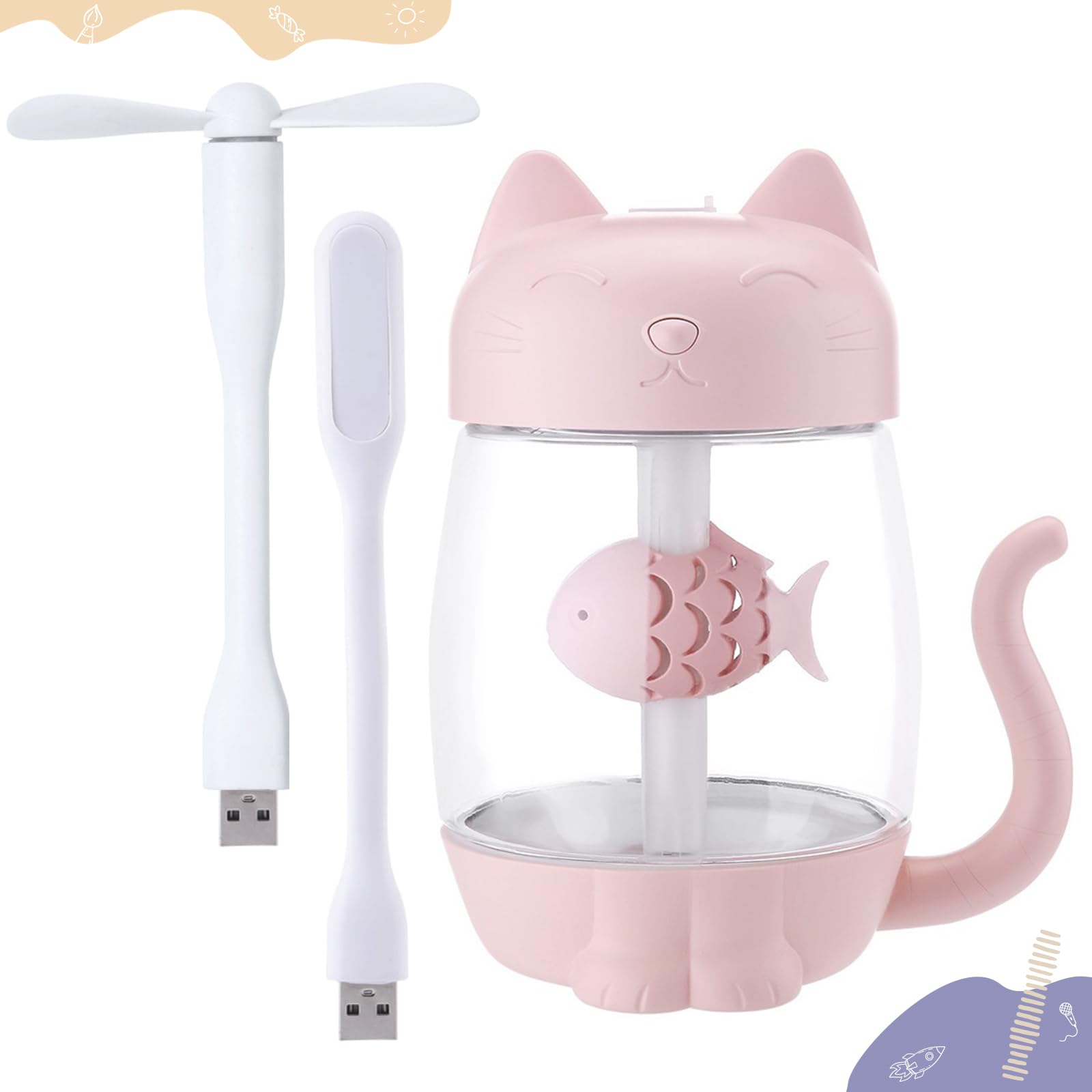 Mini Humidificador Infantil de Gatito 350ml con Luz LED USB y Mini Ventilador Niebla Fría Silenciosa para Niños