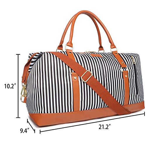 Oflamn Duffle Bag Smooth Nylon Leather Weekender Overnight Travel Carry On Bag (Black White Stripe)