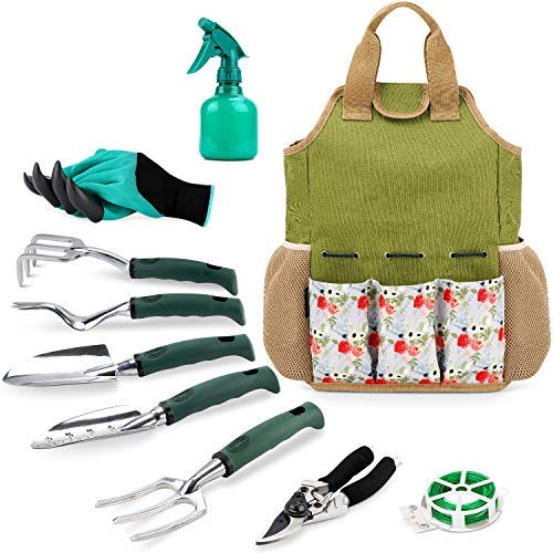 INNO STAGE Gardening Tools Set and Organizer Tote Bag with 10 Piece Garden Tools,Garden Gift Set, Vegetable Gardening Hand Tools Kit Bag with Garden Digging Claw Gardening Gloves