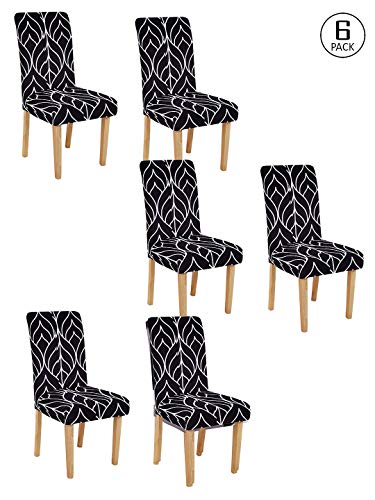 Image of Cortina Dining Chair Slipcover | Protection Chair Cover | Leaf Print, Removable, Washable | Universal Fit Soft Stretchy Polyester Spandex | Hotel, Marriage, Wedding | Pack of 6, Black 2