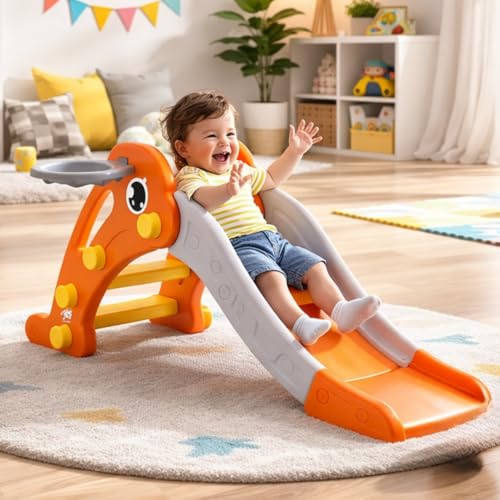 Image of Storio Toddler Small Size Slide with Basketball Hoop Dolphin Themed Indoor & Outdoor for Kids Ages 1-2 | Orange | Safe, Sturdy & Fun Playset | Easy Assembly Toddler Slide for Boys & Girls