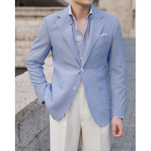 Leisure Seersucker Men Summer Suits Jacket Blue Formal Regular Fit Blazer Breathable Outfit4