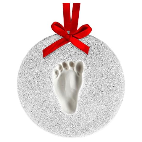 Lil Peach Baby’s Print Christmas Clay Ornament Kit, Baby's First Christmas Tree Ornament, for Baby Girl Or Baby Boy, Newborn Handprint Or Footprint Keepsake, Silver Glitter Cover