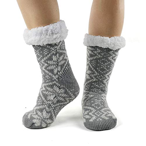 Womens Knit Slippers Socks Non-Skid Sole Indoor Home Socks Slippers for Women Adults (Grey)