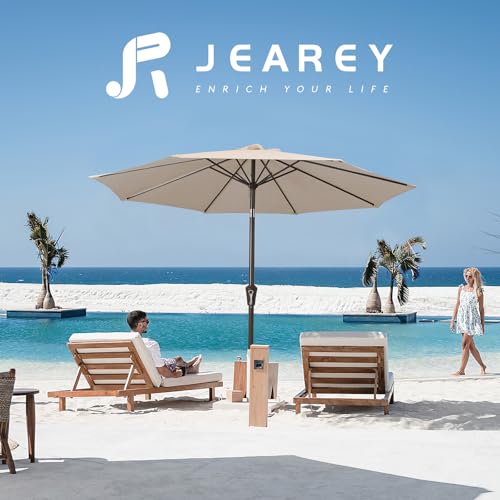 Image of JEAREY 9FT Outdoor Patio Umbrella Outdoor Table Umbrella with Push Button Tilt and Crank, Market Umbrella 8 Sturdy Ribs UV Protection Waterproof for Garden, Deck, Backyard, Pool (Cream Beige)